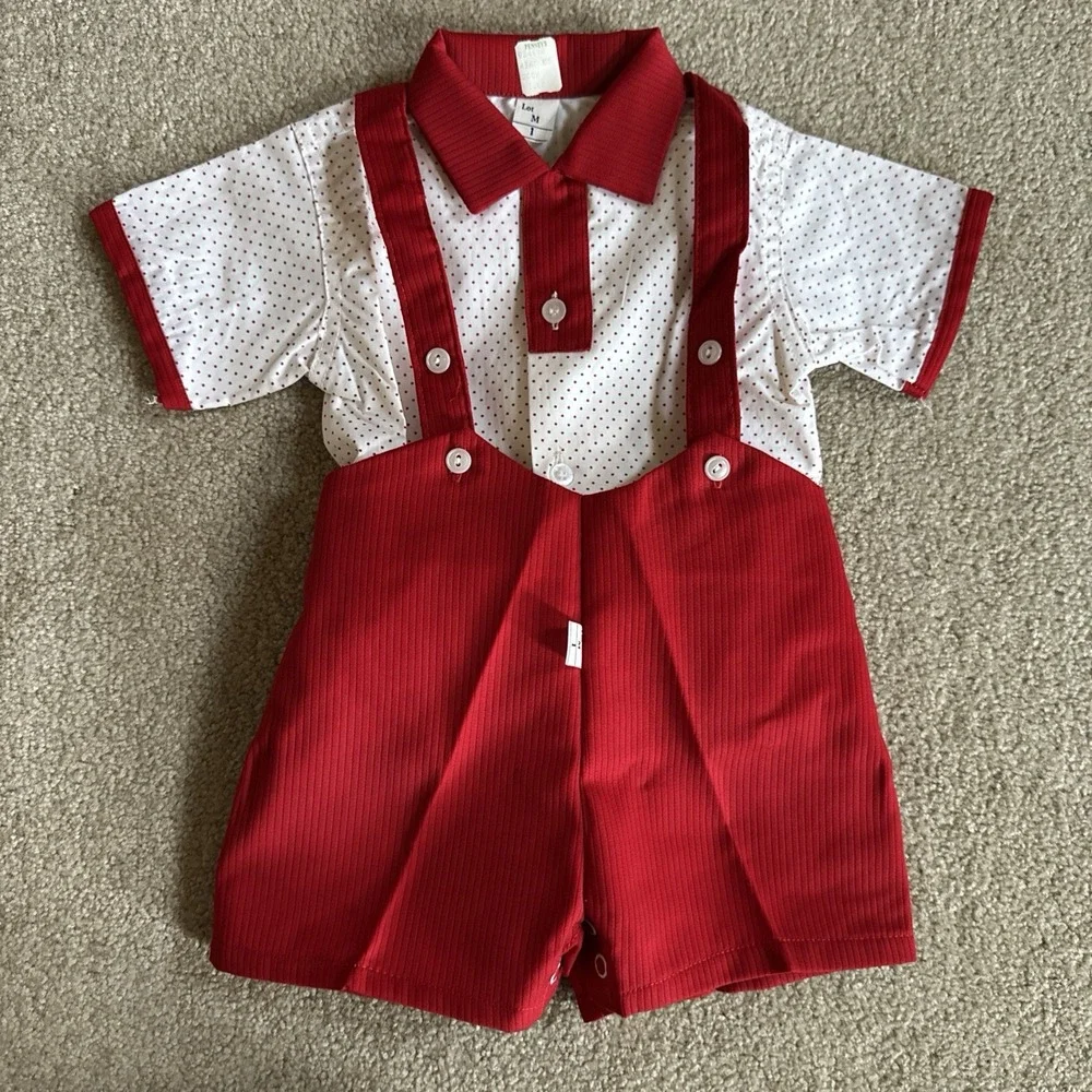 Boys Christmas 1T Short Set 12 Months NOS JCPenney Red & White Shorts Suspenders